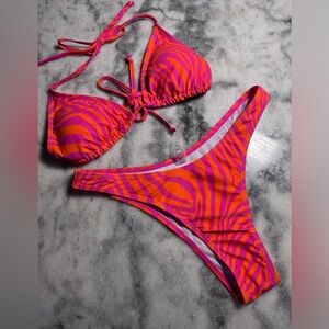 Hot pink and orange animal print striped Halter tie bikini size large vacay #288